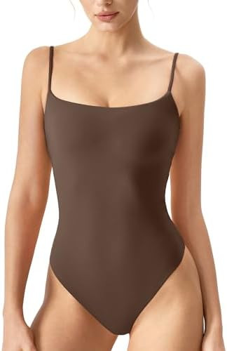 QINSEN Women‘s Spaghetti Strap Bodysuit Top Square Neck Sleeveless Double Lined Cami Shirts | Amazon (US)