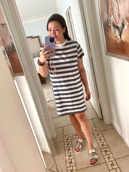 Affordable striped t-shirt dress, runs big, size down. Dress on sale for $18 
Metallic Birkenstocks, size down. 
Mom on the go outfit, weekend outfit, summer outfit idea 


#LTKfindsunder50 #LTKSeasonal #LTKshoecrush