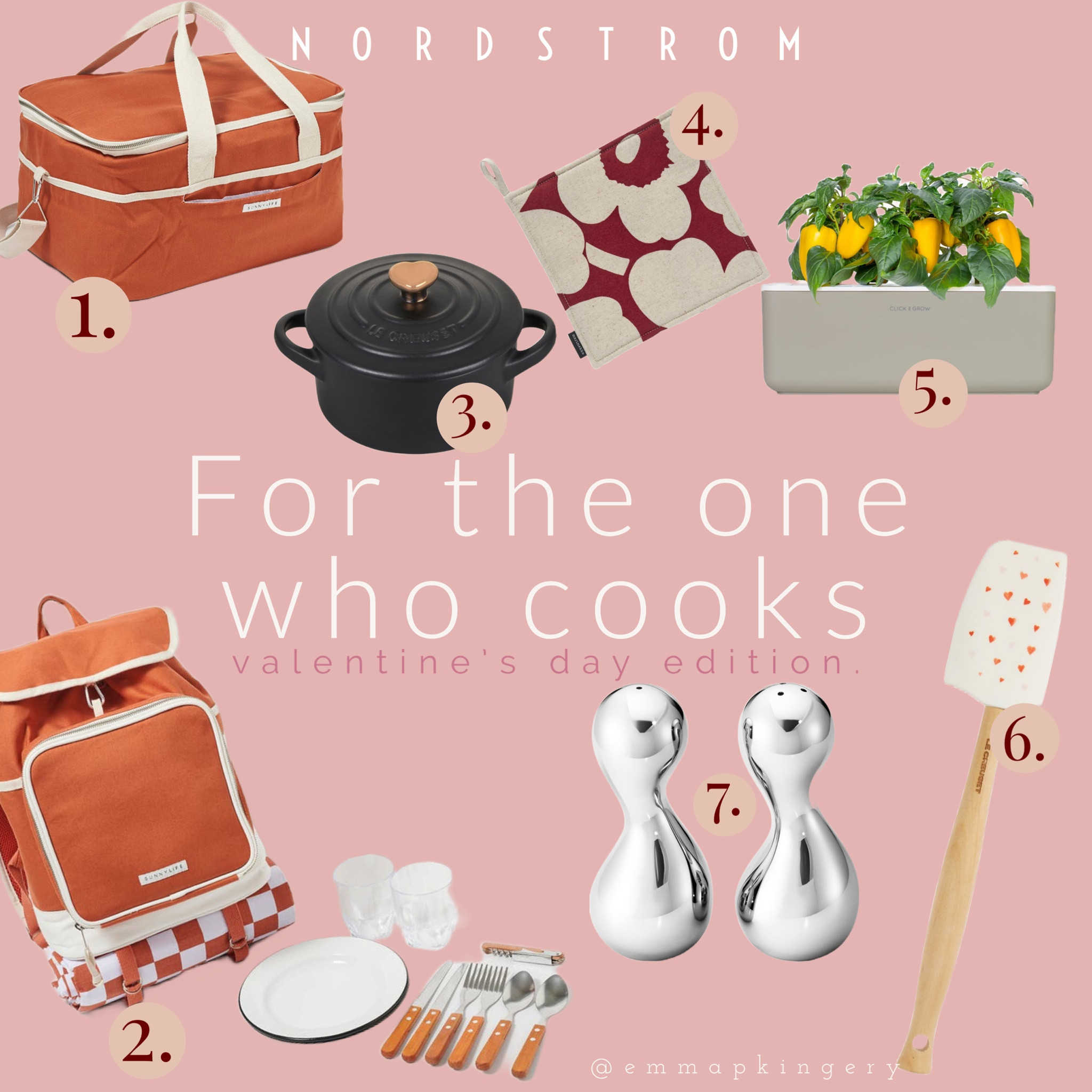 Gift Guide: Valentine’s day Edition! For the one who cooks ♥︎ as a lover of all things cooking, I’ve taken it upon myself to find cute, unique & functional items from #Nordstrom to surprise your loved one on valentine’s day. 

1- The cutest cooler ever, perfect for your future dates on the beach, at the park, road-trips … you name it! & only $30!!

2- A cute & trendy picnic bag! accessories included! perfect for a picnic date ♥︎
3- Le Creuset is THE BEST. & this one happens to be aesthetically matte black with a gold heart handle, perfect fit for Valentine’s day ♥︎
4- A cute & unique pot holder that anyone will love! Add to any kitchen gift for the perfect accessory. 
5- The coolest self-watering plant pot ever! Perfect for the one who loves fresh herbs/produce … or put some fresh flowers in there to keep them fresh longer. 😉
6- Le Creuset spatula! The best italian made brand, on trend for valentine’s day + budget friendly! 
7- The CUTEST & most unique salt & pepper shakers ever! & they’re silver… which is kinda making a comeback!! 

all items linked below ♥︎


#LTKGiftGuide #LTKunder100 #LTKSeasonal