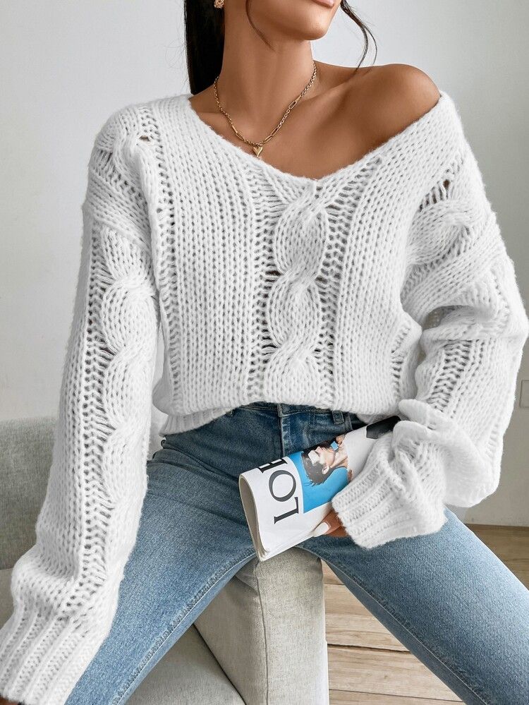 Cable Knit Drop Shoulder Sweater | SHEIN