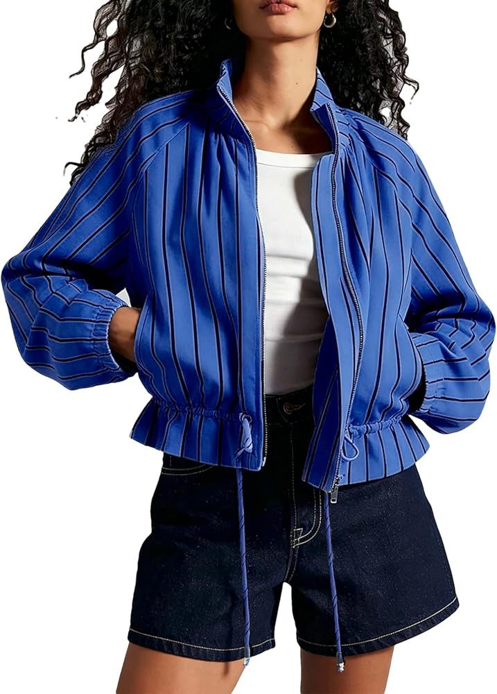 Womens Stripe Bomber Jacket Long Lantern Sleeve Lapel Drawstring Waist Zip Casual Ruffle Hem Shacket with Pocket | Amazon (US)