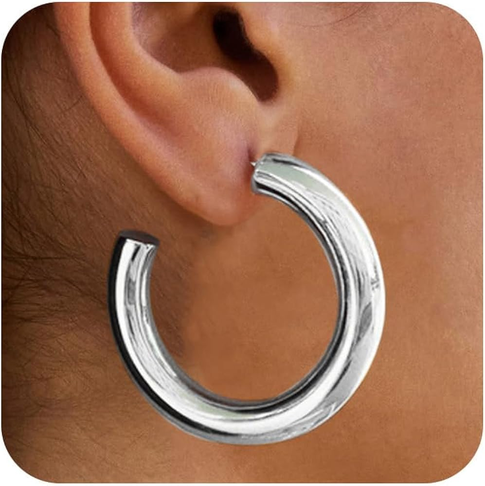 Gold Earrings Hoops: 14K Gold Chunky Earrings, Non Tarnish, Lightweight, Open Tube Design, Hypoal... | Amazon (US)