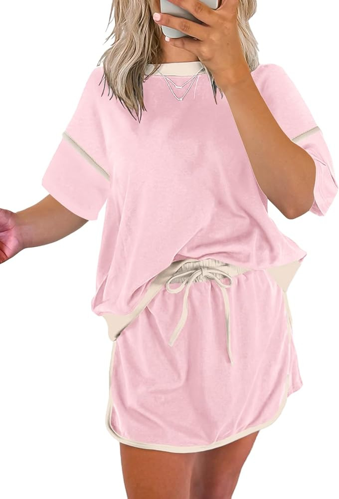 EVALESS Women's 2 Piece Sets Summer Casual Short Sleeve Tops Matching Drawstring Mini Skirt Going... | Amazon (US)