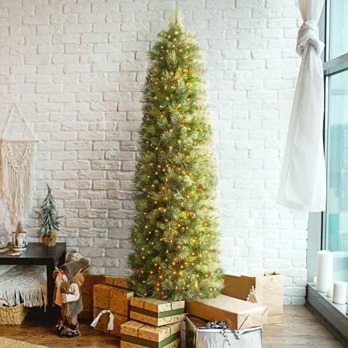 OasisCraft 7.5ft Slim Christmas Tree - Pre-lit Christmas Tree Includes Metal Stand, Pencil Artificia | Amazon (US)