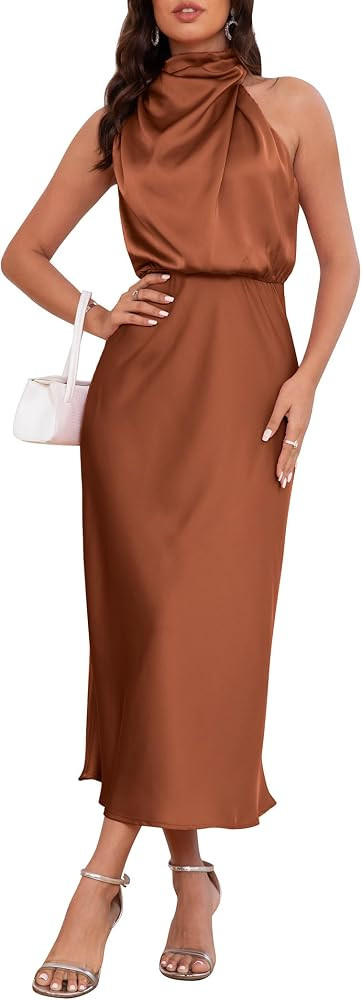 Women's 2026 Summer Satin Dress Elegant Formal Sleeveless Mock Neck Wedding Guest Cocktail Party ... | Amazon (US)