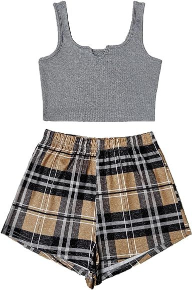 SheIn Women's 2 Piece Sleeveless Button Crop Tank Tops and Shorts Lounge Set Grey and Brown Plaid... | Amazon (US)