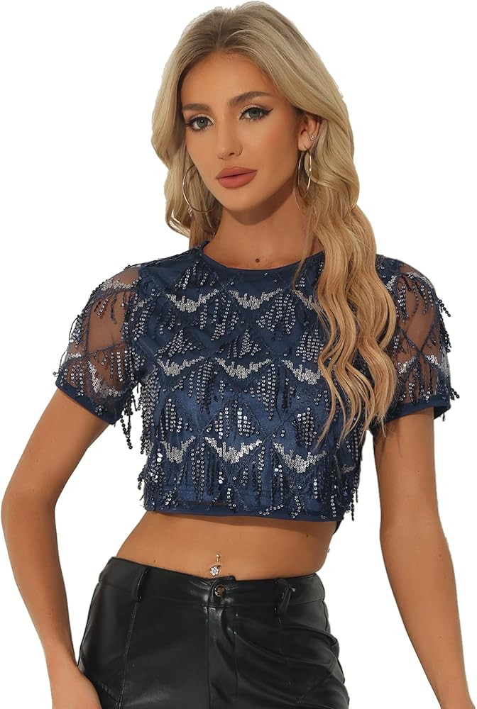 Allegra K Women's Sequin Shiny Glitter Crop Top Christmas Short Sleeves Sexy Party Tassel T-Shirt | Amazon (US)