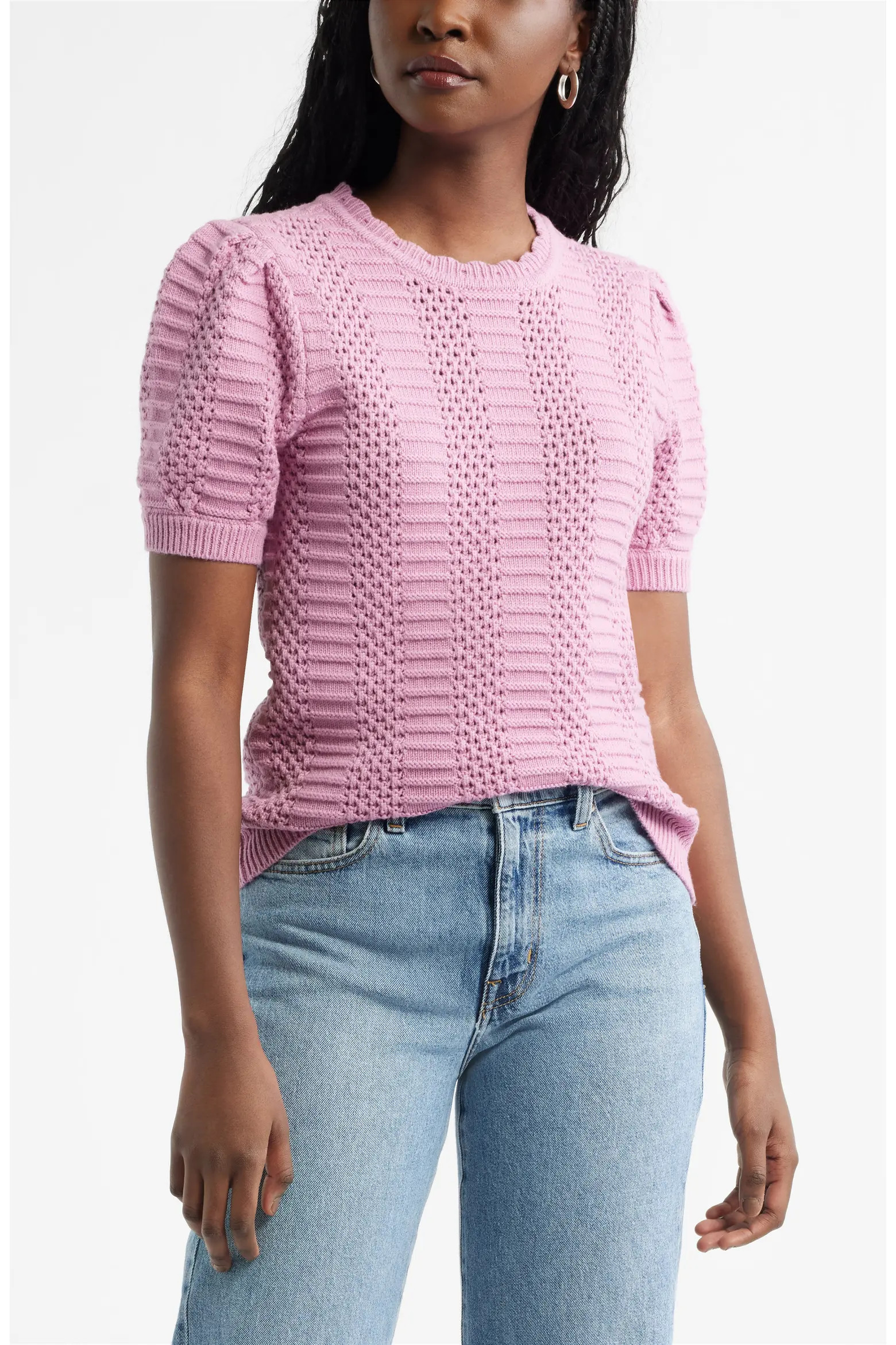 Mixed Stitch Short Sleeve Pima Cotton & Merino Wool Sweater (Women) | Nordstrom | Nordstrom