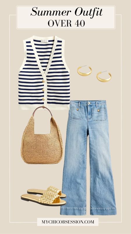 Reminiscent of the Breton stripes tops that are popular in France, this striped sweater vest gives us a taste of French women style for summer weather. Pair it with wide leg trouser style jeans, gold hoops, a woven tote, and gold slide sandals.

#LTKOver40 #LTKStyleTip #LTKSeasonal