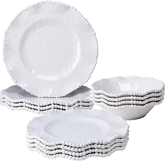 Cream 12pcs Beaded 100% Melamine Dinnerware Set, Elegant Scalloped Edge Durable & Shatterproof Ou... | Amazon (US)