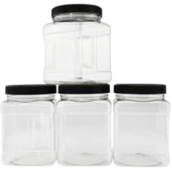 48-Ounce Square Plastic Jars (3-Pack); Clear Rectangular 6-Cup Canisters w/Black Lids, Easy-Grip Sid | Amazon (US)
