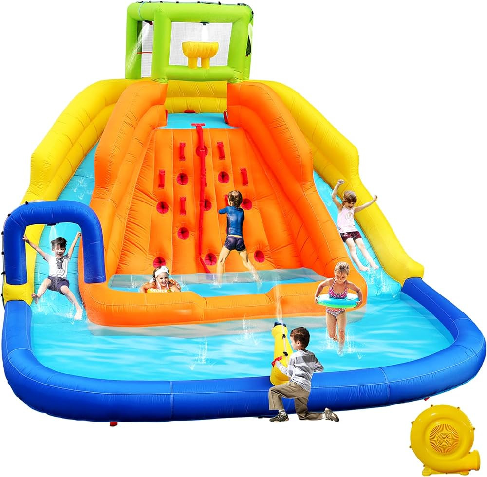 WELLFUNTIME Inflatable Water Slide, Bounce House with Water Bucket, Deep Pool, Climbing Wall with... | Amazon (US)