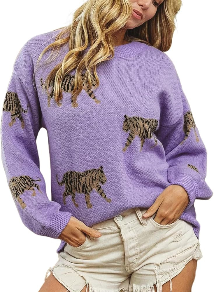 Women Oversized Knit Sweater Tiger Print Long Sleeve Pullover Tops Aesthetic Clothes Streetwear K... | Amazon (US)
