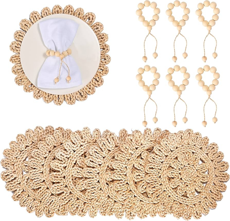 Donmills Round Woven Placemats for Dining Table Set of 6 with Napkin Rings, 13.5 Inches Natural B... | Amazon (US)