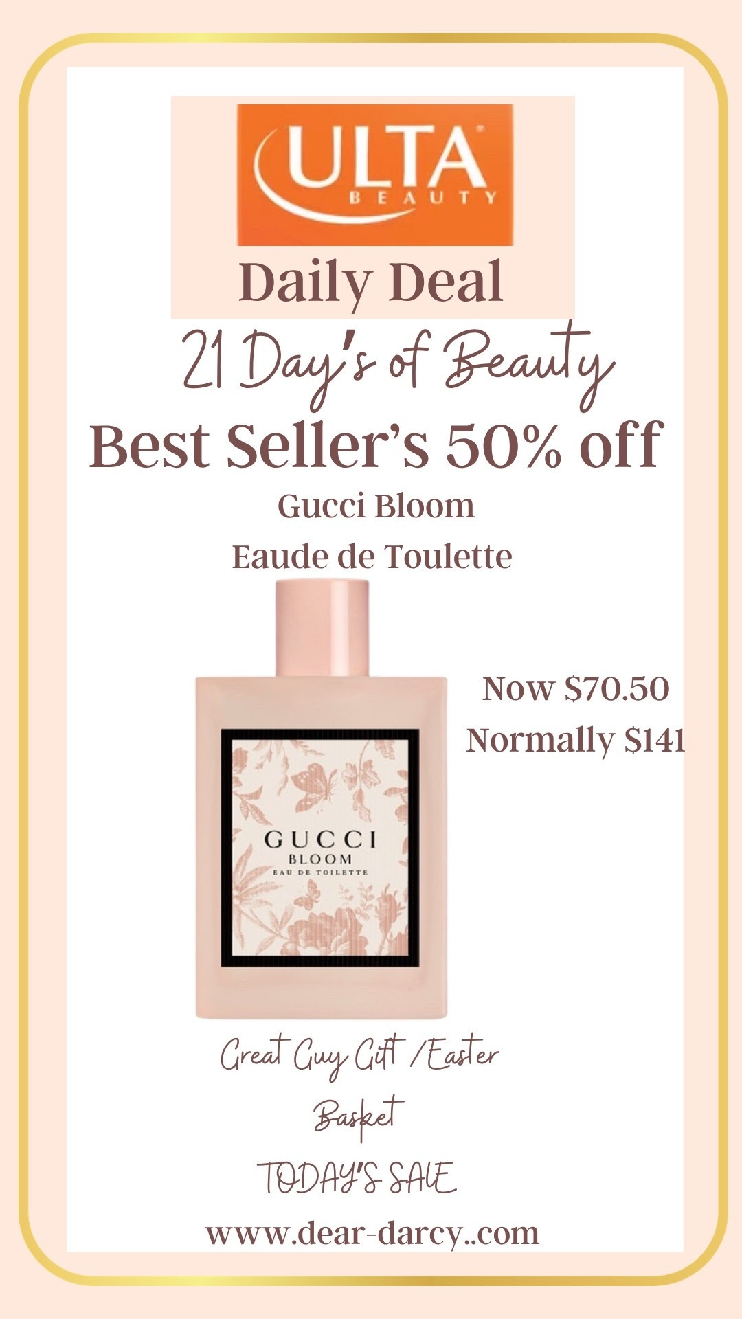 Ulta 
21 days of Beauty 

Today my picks are 

Gucci - Bloom
Eaude de toilette  

Now 70.50
Was$ $141.00

#LTKSaleAlert #LTKBeauty