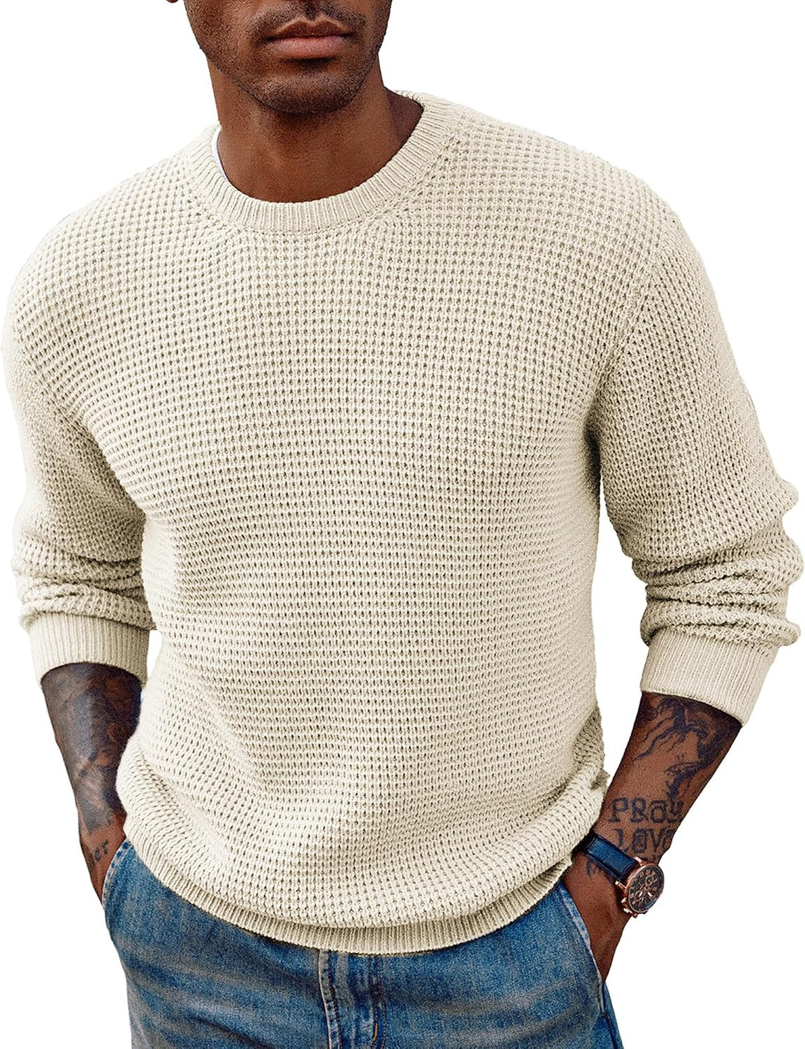 PJ PAUL JONES Mens Waffle Knit Sweaters Casual Crewneck Pullover Sweaters | Amazon (US)