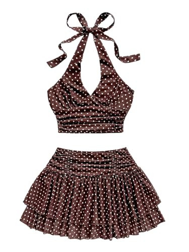 SOLY HUX Women's 2 Piece Beach Vacation Outfits Summer Ruched Halter Crop Top and Ruffle Mini Skirt Set Brown Polka Dots X-Small | Amazon (US)