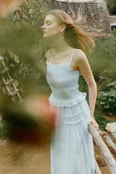 Cirra Smocked Ruffle Trim Striped Sleeveless Cami Dress in Sheer Fabri | Fabrique