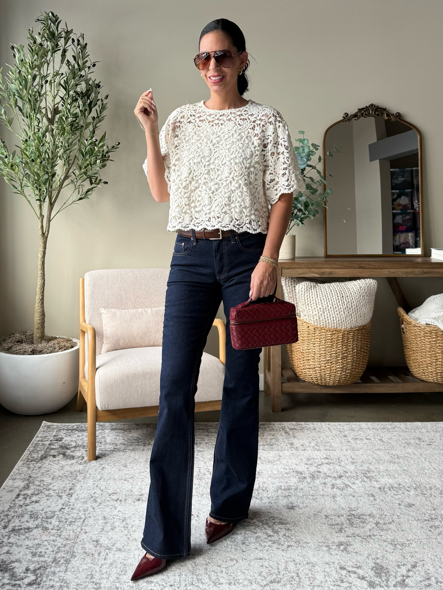 Abercrombie Bootcut Denim 
Wearing a size 26 long 
Target Lace Top- small 
Amazon Designer look for less bag 
Zara heels that are insanely comfortable 

#LTKU #LTKFindsUnder100 #LTKShoeCrush