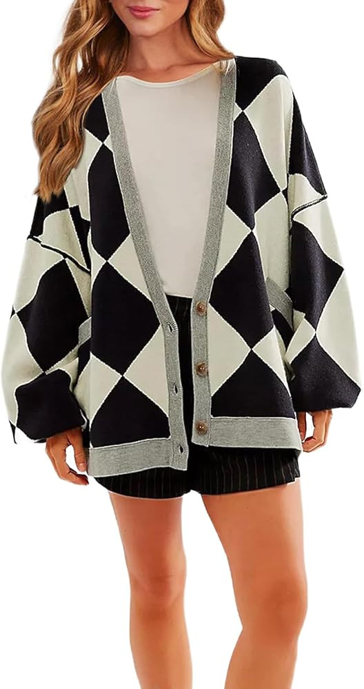 Chipany Cardigan Sweaters for Women Loose Button Down Checkered Sweater Jacket with Pockets | Amazon (US)