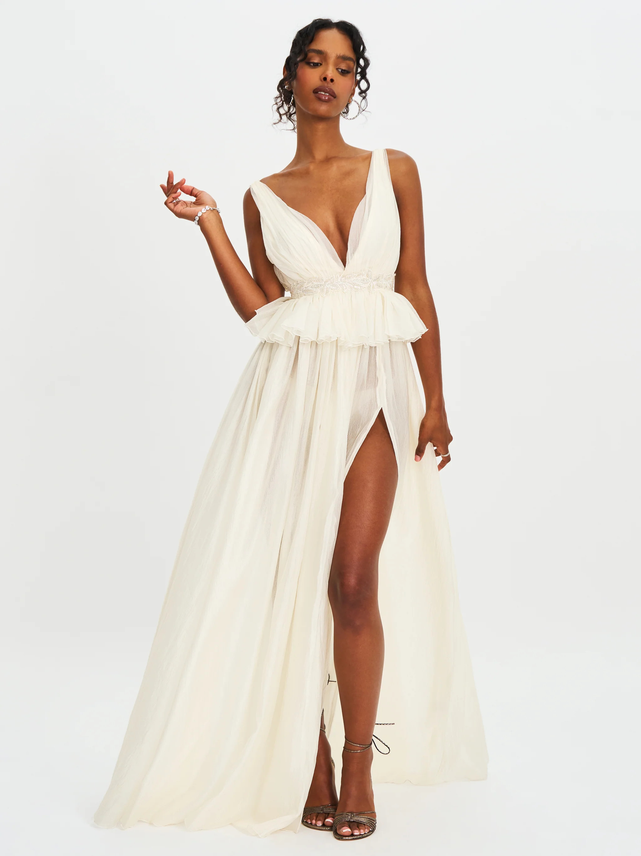 Calleigh Off White Flare Beaded Belt Maxi Gown | Miss Circle