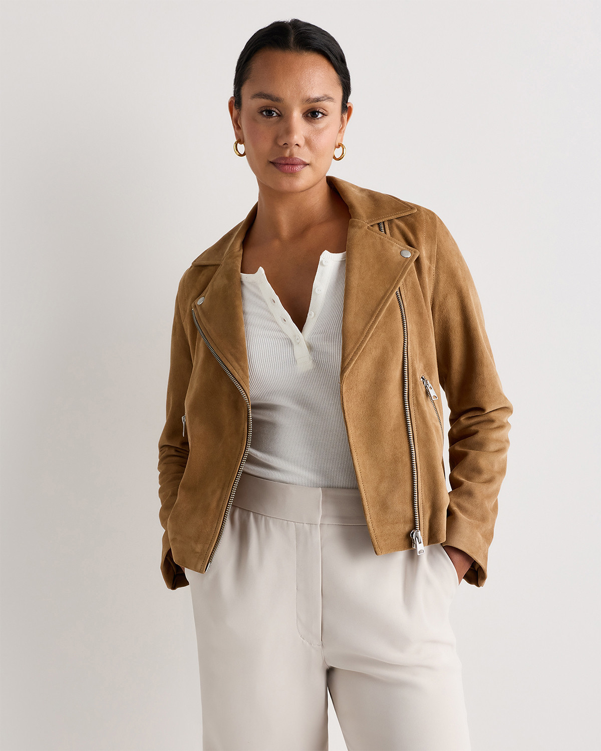 Quince | Women's 100% Suede Biker Jacket in Pecan Brown, Size XS, Leather | Quince