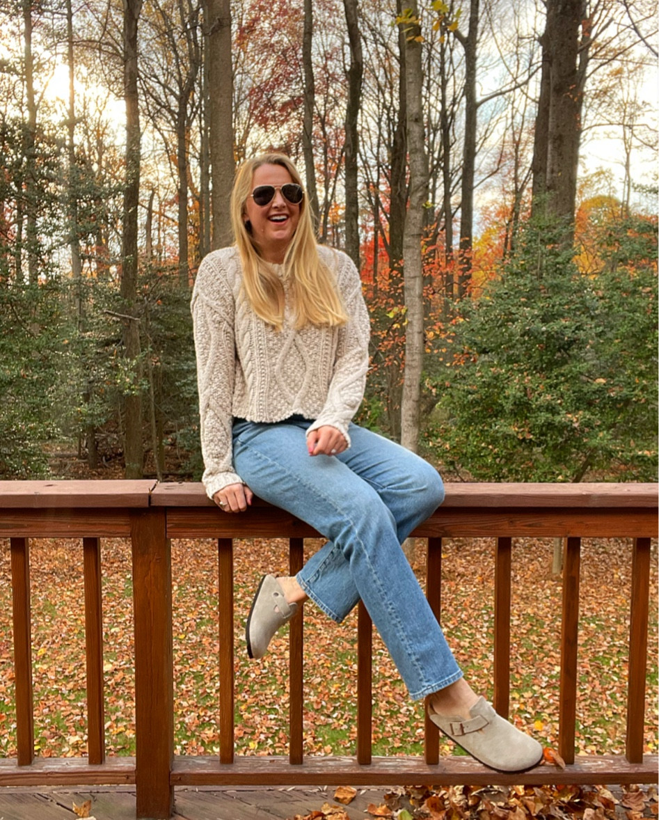 Cozy fall outfit for Thanksgiving week — cable knit cropped sweater and 90s straight leg jeans. 

I sized down one in the sweater and jeans from my true size 

Birkenstock clogs fit true to size — love these as a holiday gift idea

#LTKSeasonal #LTKHoliday #LTKCyberWeek