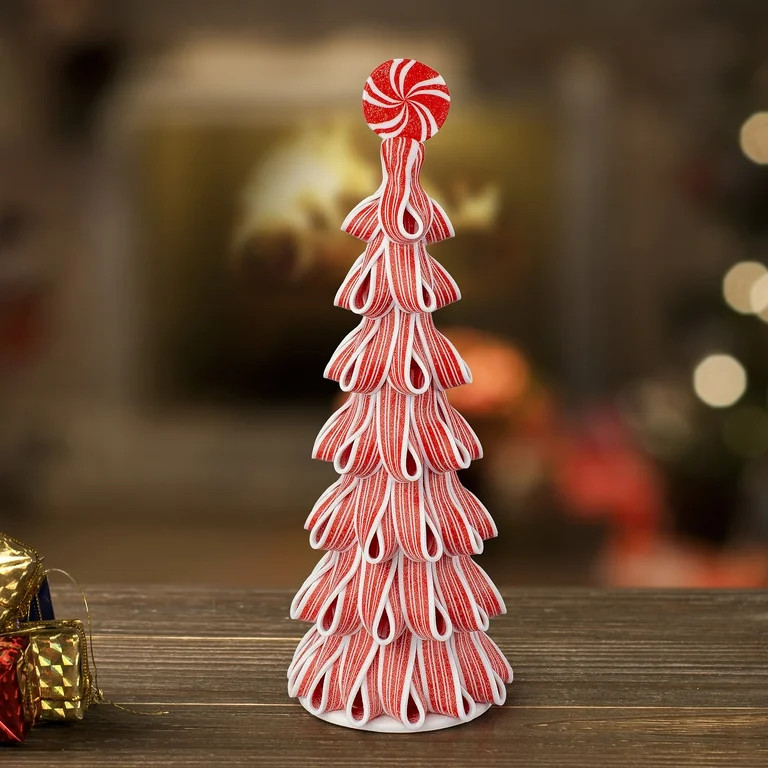 Ribbon Peppermint Candy Christmas Tree Tabletop Decoration, Red and White, 13.5", by Holiday Time | Walmart (US)