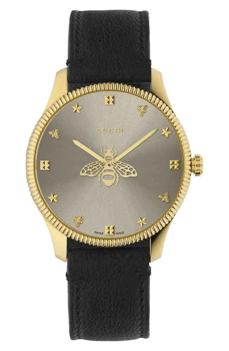 Gucci G-Timeless Bee Leather Strap Watch, 36mm | Nordstrom | Nordstrom