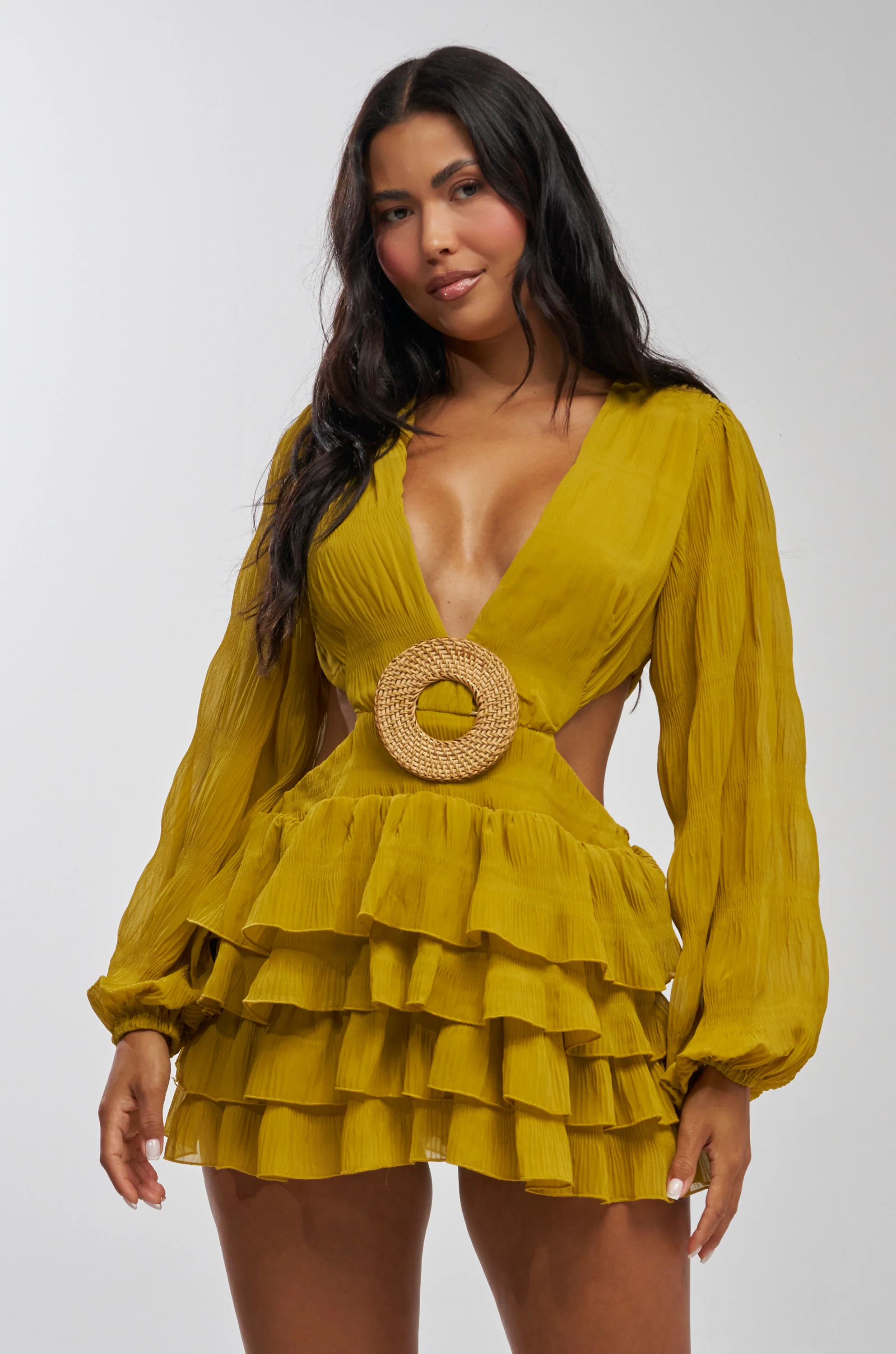 ON ISLAND TIME RUFFLED MINI DRESS IN CHARTREUSE | AKIRA