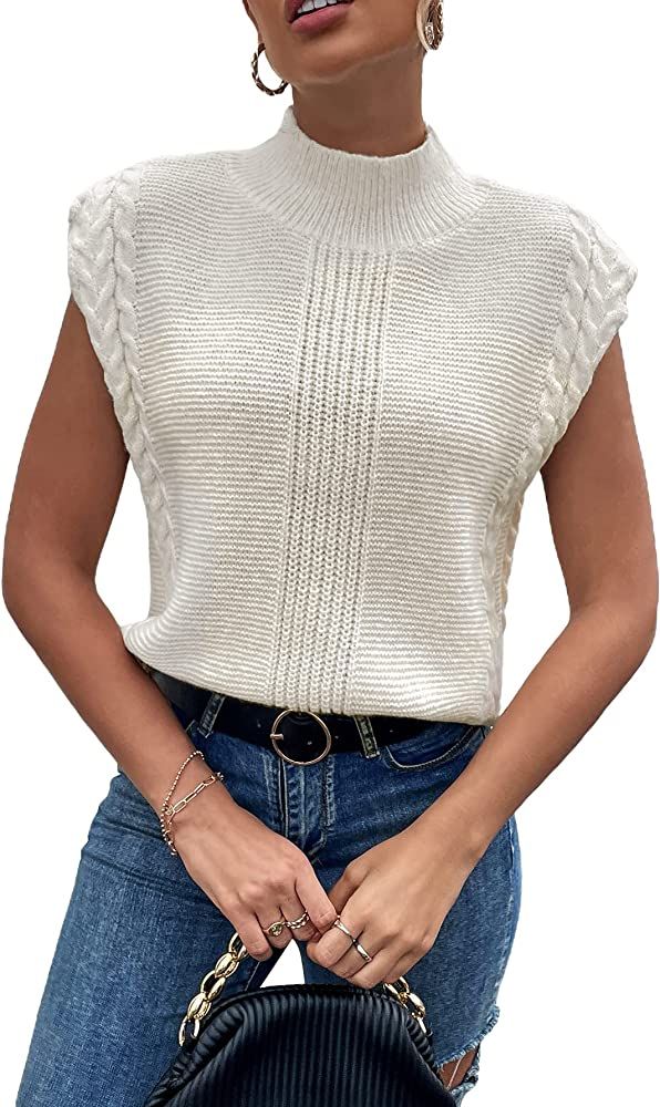 SheIn Women's Mock Neck Short Cap Sleeve Sweater Vest Casual Solid Pullover Top | Amazon (US)