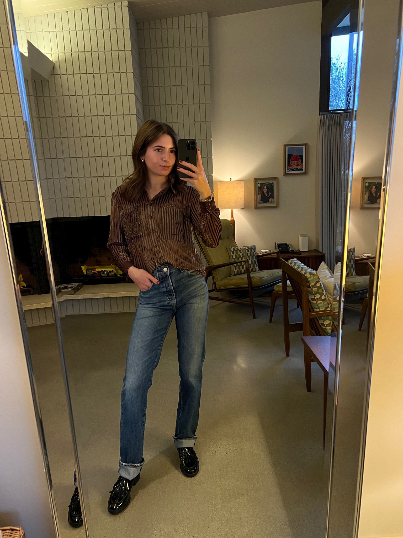 Brown button up top with velvet stripes paired with my favorite loafers🤎

#LTKstyletip #LTKSeasonal