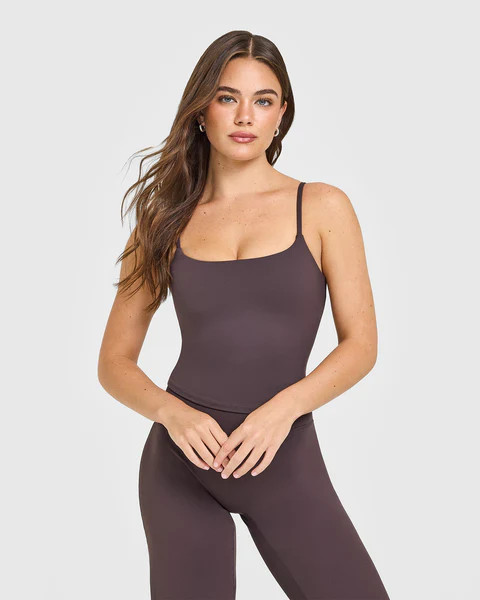 SoftMotion™ Strappy Mid Vest with Built in Bra Shelf with White Logo 
 Dark Umber Brown | Oner Active (UK / US)