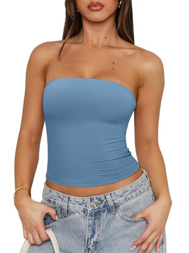 REORIA Women's Strapless Tube Top Double Lined Cute Y2K Backless Bandeau Crop Tnak Tops for Sexy Going Out Outfits Trendy Summer Clothes 2026 Light Blue Medium | Amazon (US)