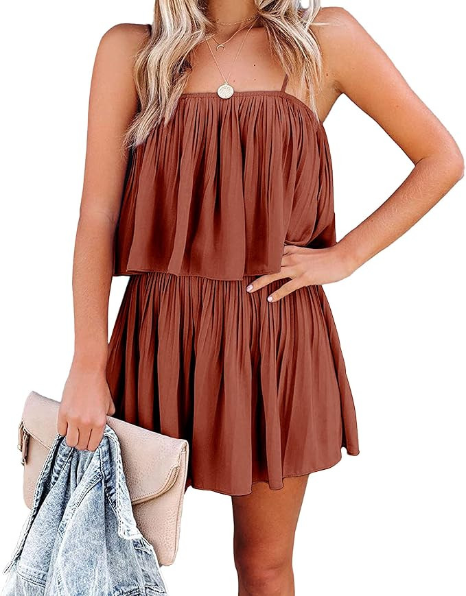 PRETTYGARDEN Women's Summer Short Rompers Spaghetti Strap Elastic Waist Square Neck Ruffle Casual... | Amazon (US)