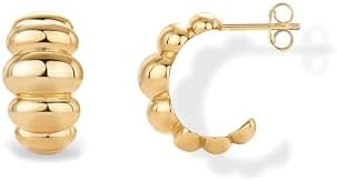 PAVOI 14K Gold Plated Ribbed Hoop Earrings for Women - Chunky Ridge Statement Earrings - Boho Puf... | Amazon (US)