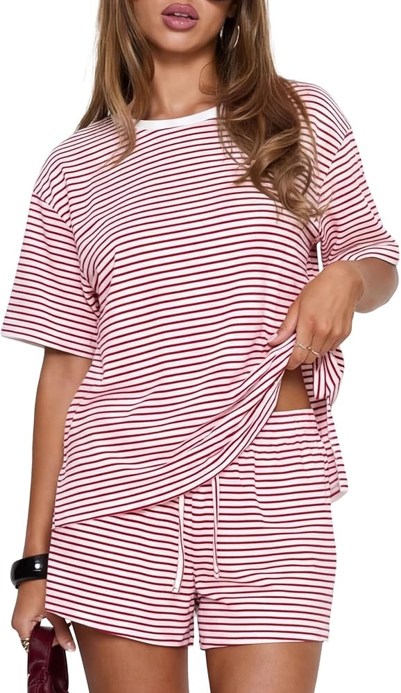 Womens Striped 2 Piece Lounge Sets Short Sleeve Oversized T Shirts Drawstring Shorts Matching Set | Amazon (US)