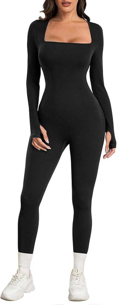 SeSe Code Women Yoga Jumpsuits Workout Ribbed Bodysuit Square Neck Bodycon Long Sleeve Sport Jump... | Amazon (US)