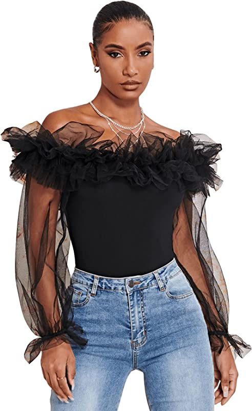 OYOANGLE Women's Ruffle Off Shoulder Blouse Mesh Puff Sleeve Party Tops Fitted Tee Shirt | Amazon (US)