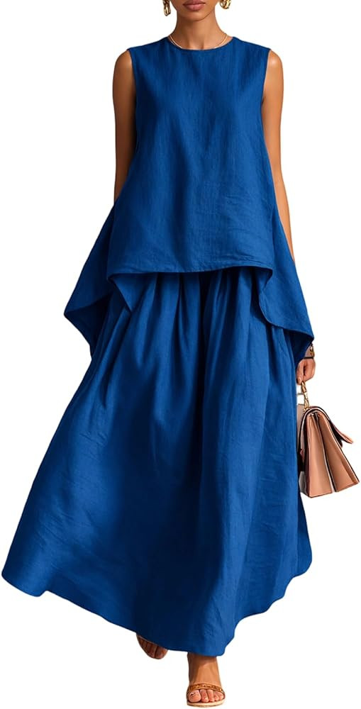 2 Piece Maxi Skirt Sets for Women Casual Summer Linen Sleeveless High Low Top and Skirt Set Beach... | Amazon (US)