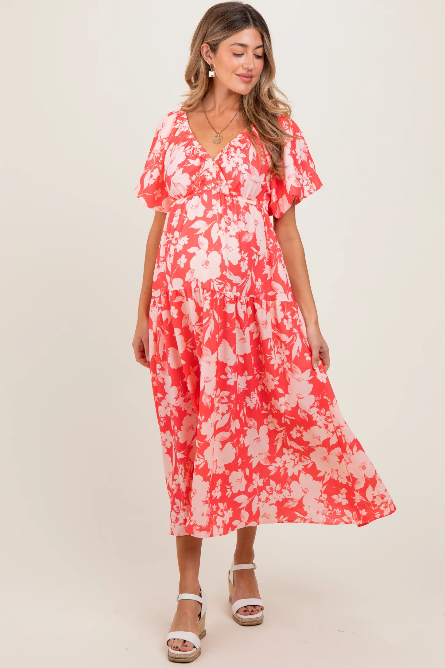 Coral Bubble Short Sleeve Maternity Maxi Dress W/ Side Pocket | PinkBlush Maternity
