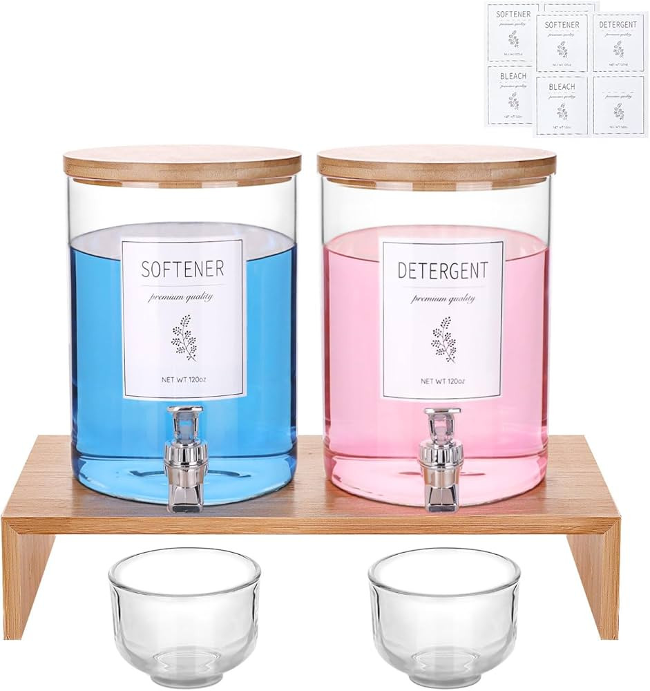 Laundry Detergent Dispenser Set with Bamboo Lids, Shelf Stand, Spouts,8 Waterproof Labels,2 Glass... | Amazon (US)