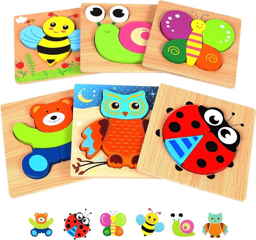Springflower Wooden Toddler Jigsaw Puzzle Gift Toy for 1 2 3 Years Old Boys and Girls,6 Pack Animal Shape Montessori Toy for Infant,Toddler Sensory Toy,Fine Motor Skill Early Learning Educational Gift | Amazon (US)