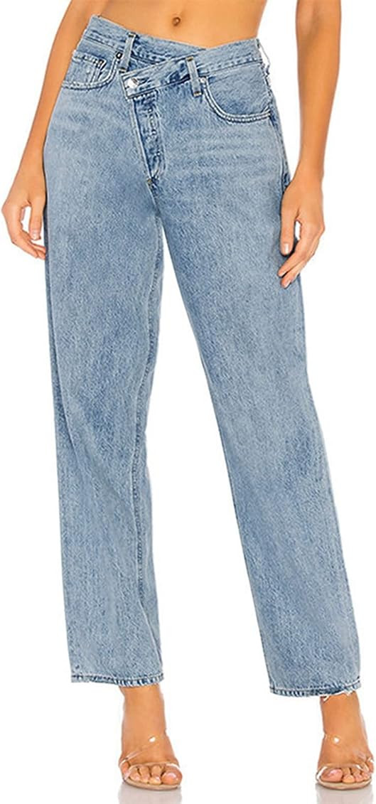 Women's Spring Autumn Winter High Waist Straight Trousers Fashion Double Layer Cross Blue Jeans W... | Amazon (US)