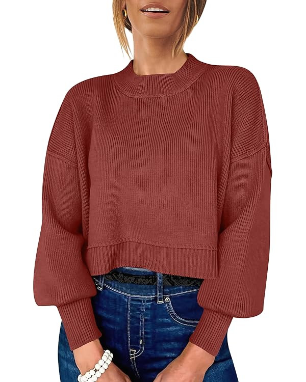 ANRABESS Womens Cropped Sweaters Oversized Crewneck Long Batwing Sleeve Side Slit Ribbed Knit Pul... | Amazon (US)