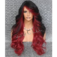 Black Red Wine Human Hair Blend Wig Long Loose Waves With Bangs | Etsy (US)