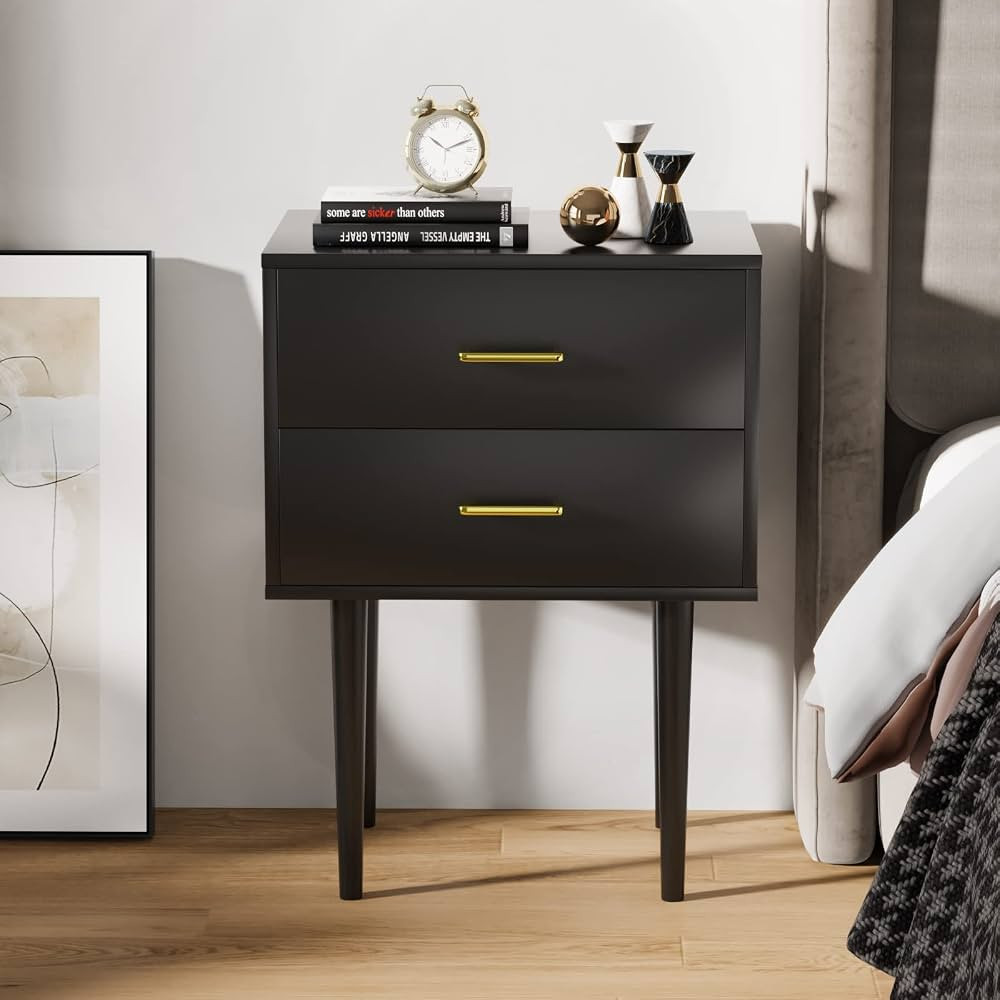 Black Nightstand with 2 Drawers, Modern Night Stand Black, Wooden Night Stands for Bedroom, Bed S... | Amazon (US)