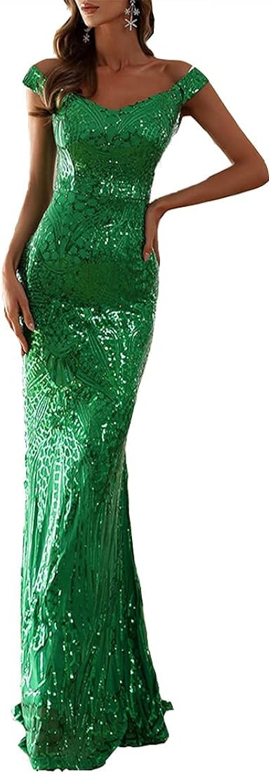 V/A Women Off Shoulder V Neck Sleeveless Backless Floor Length Wedding Evening Party Sequin Maxi ... | Amazon (US)