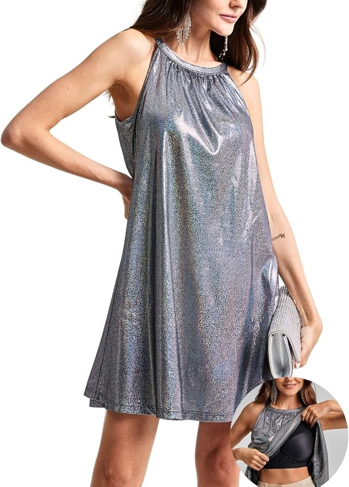 ANYFITTING Women's Built in Bra Sparkly Sequin Holiday Mini Short Dress Halter Y2k Concert Loose ... | Amazon (US)