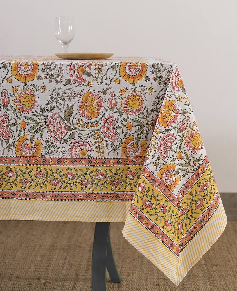 Labhanshi Indian Block Print Floral Table Cloth|Cotton 6-Seater 60x90 Inch Rectangle Washable Din... | Amazon (US)